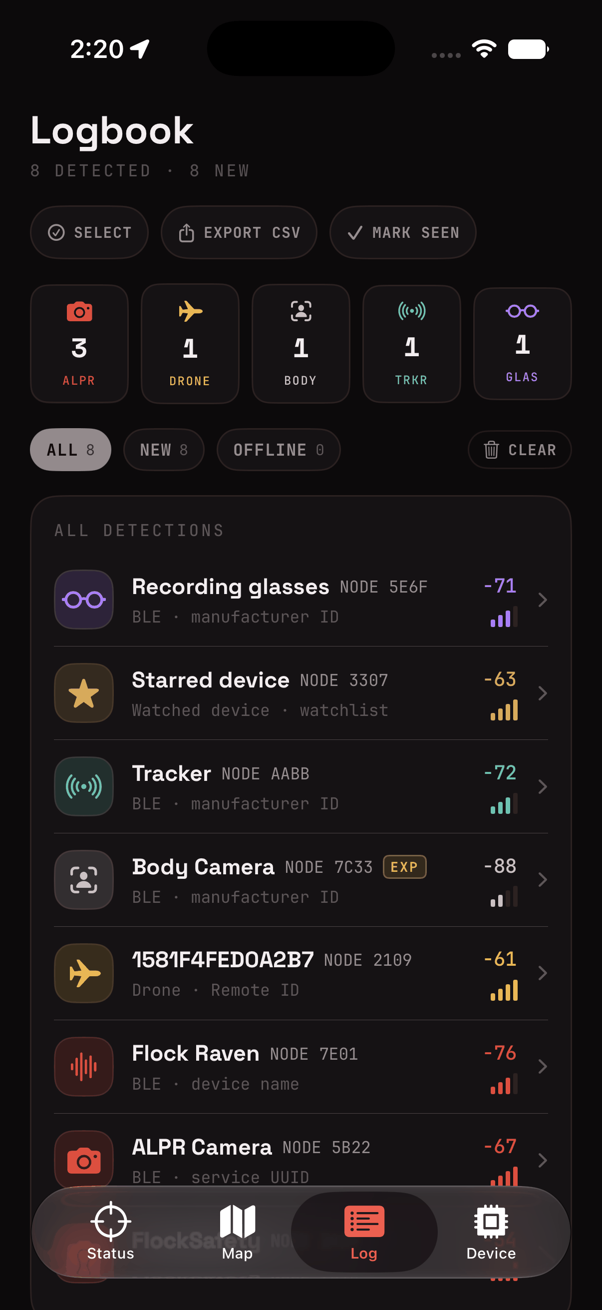beacons app logbook listing detected devices with signal strength and CSV export